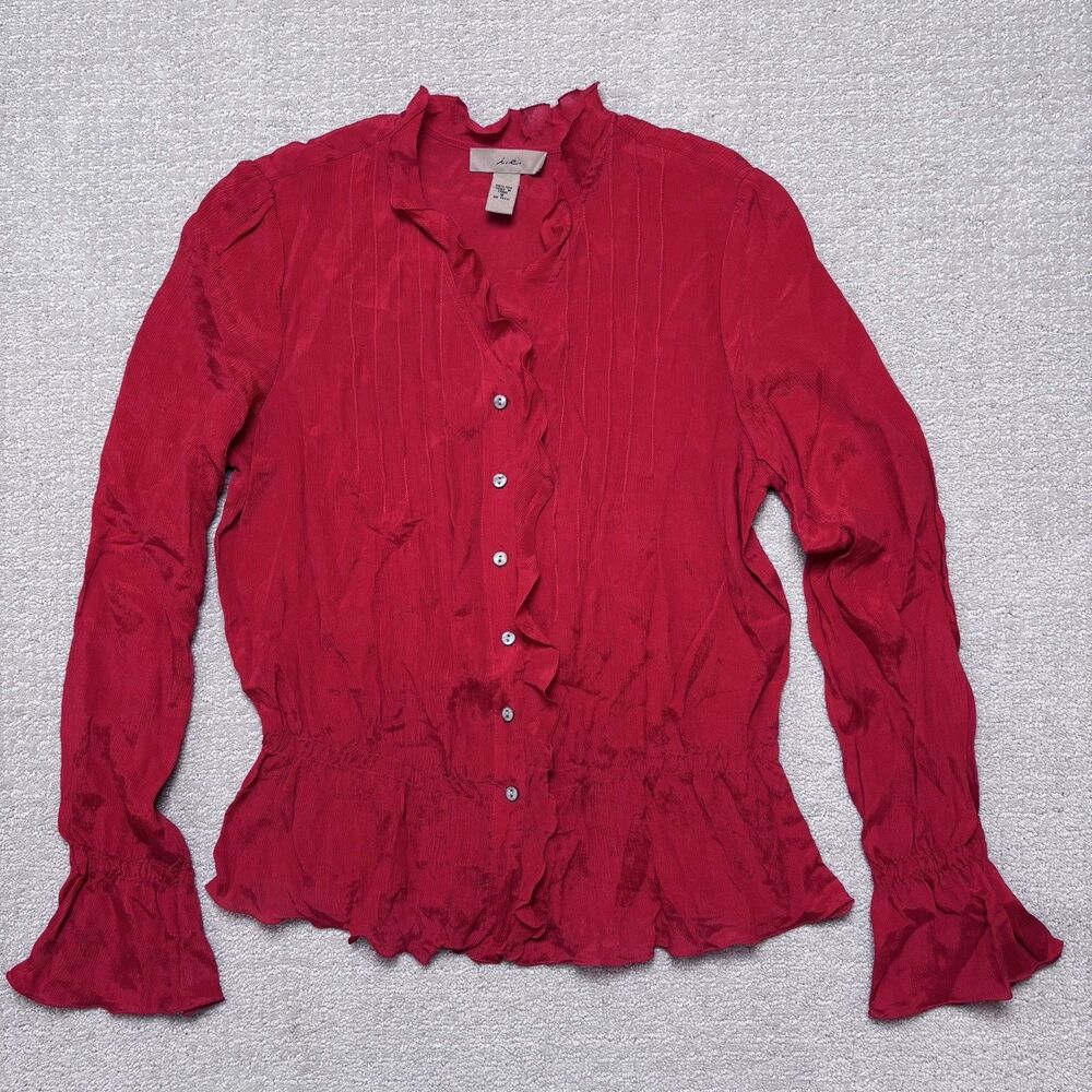 VTG Y2K i.e. 100% Silk Ruffle Blouse Red Smocked Waist Whimsigoth Coquette Sz 8